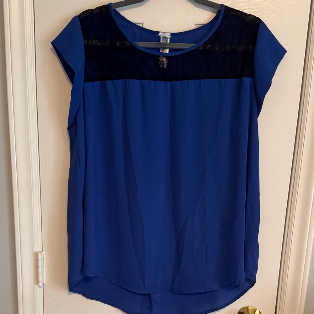 Pure Energy Royal Blue Blouse with Black Lace Yoke